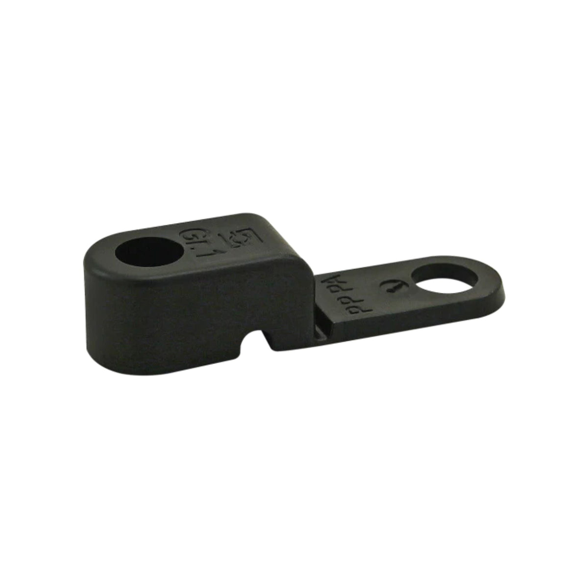 black cable and tube clamp, larger on the left side with a hole on the top, and thin piece on the right side with a hole