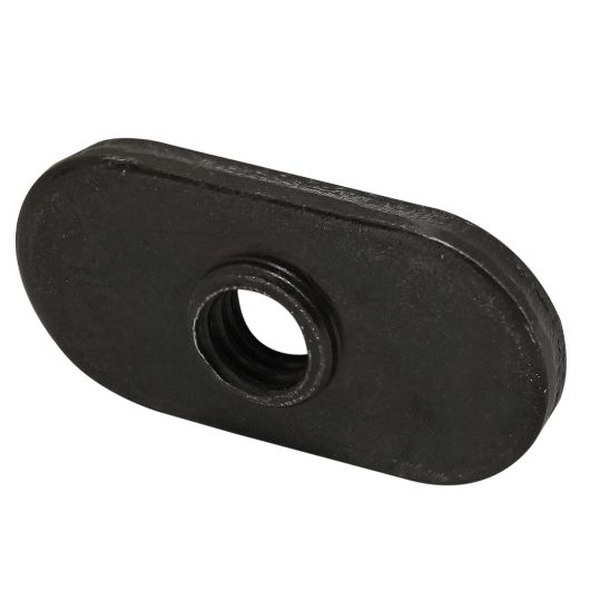 side view of a black rectangular t-nut with rounded ends and a mounting hole in the center