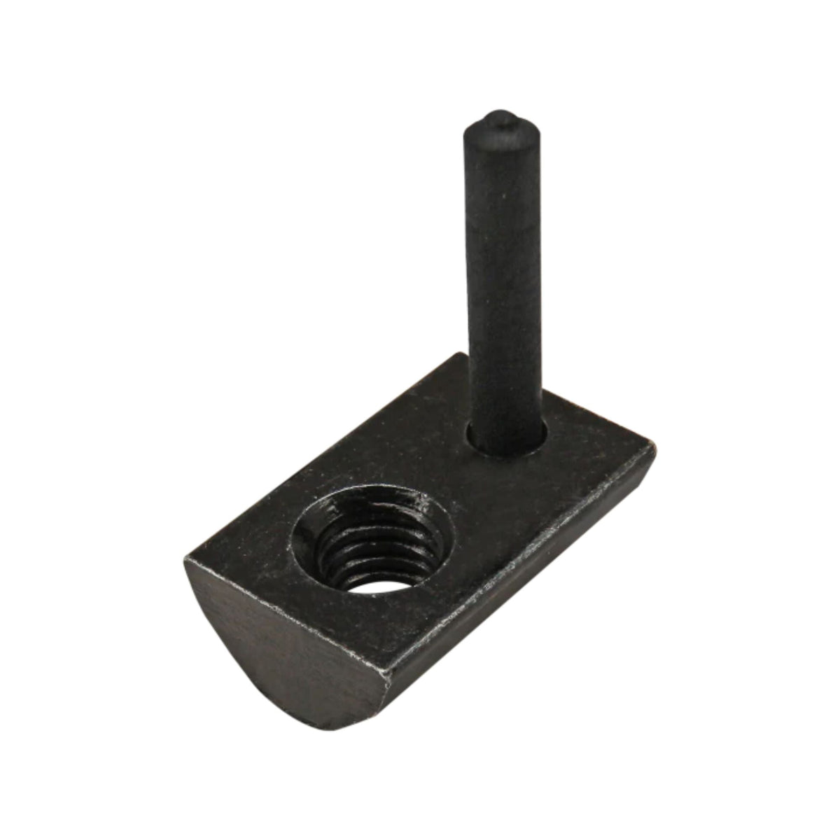 black rectangular t-nut with a rounded bottom, a flat top, a threaded hole on the left and a thin cylinder shaped handle inserted on the right