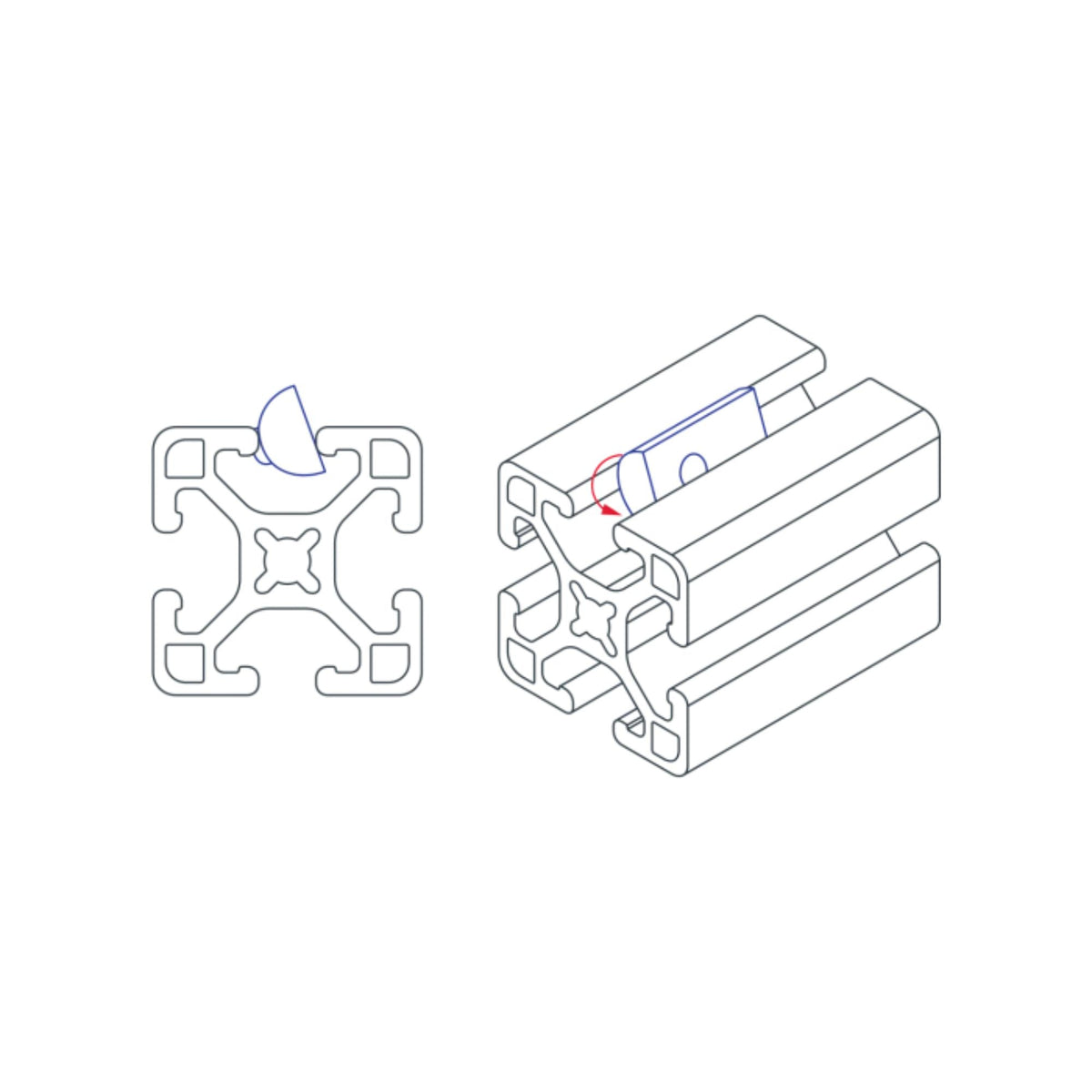 diagram of a t-nut with ball spring inserted into a t-slotted bar
