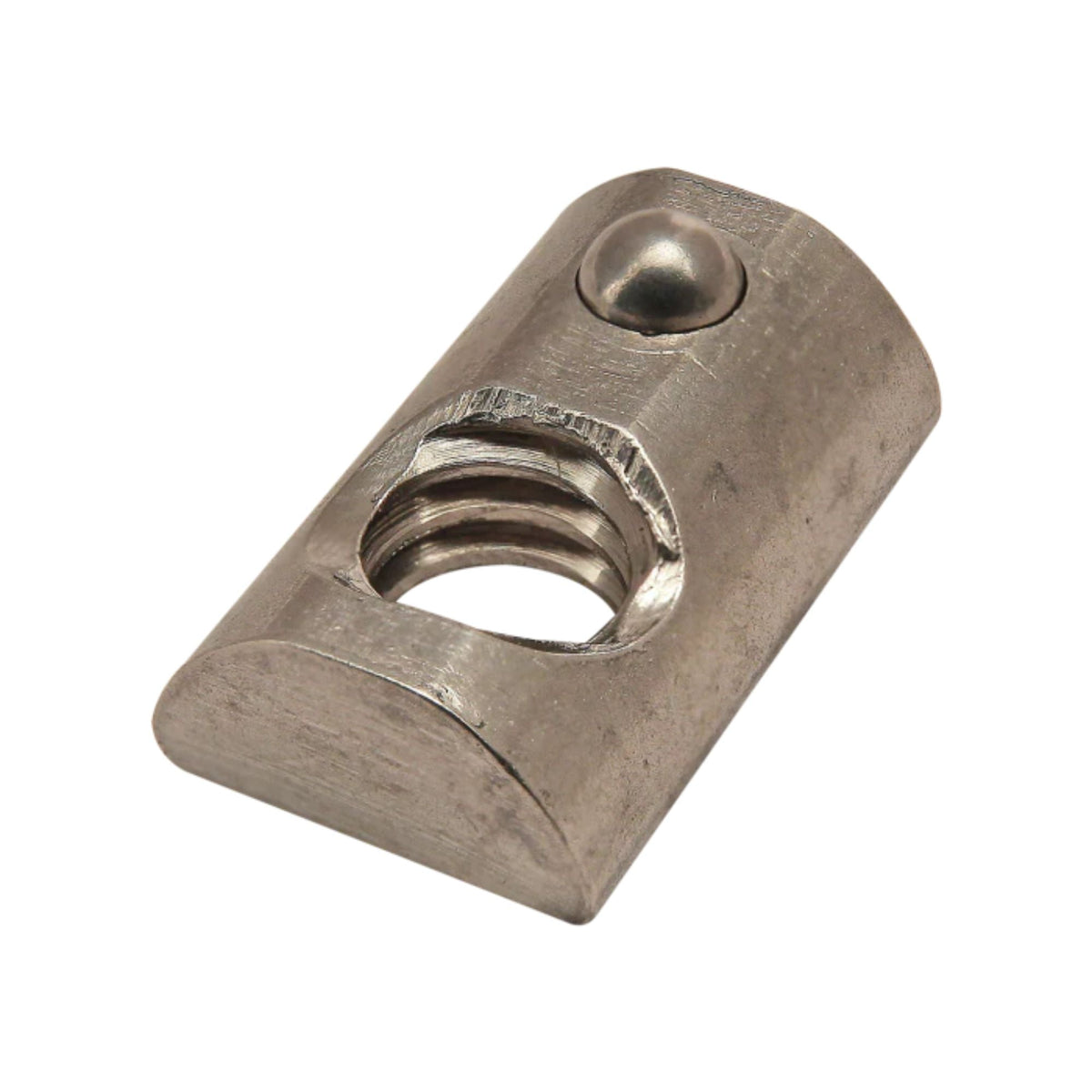metal, rectangular t-nut with a flat bottom, a rounded top, a threaded hole on one end and a ball spring on the other end