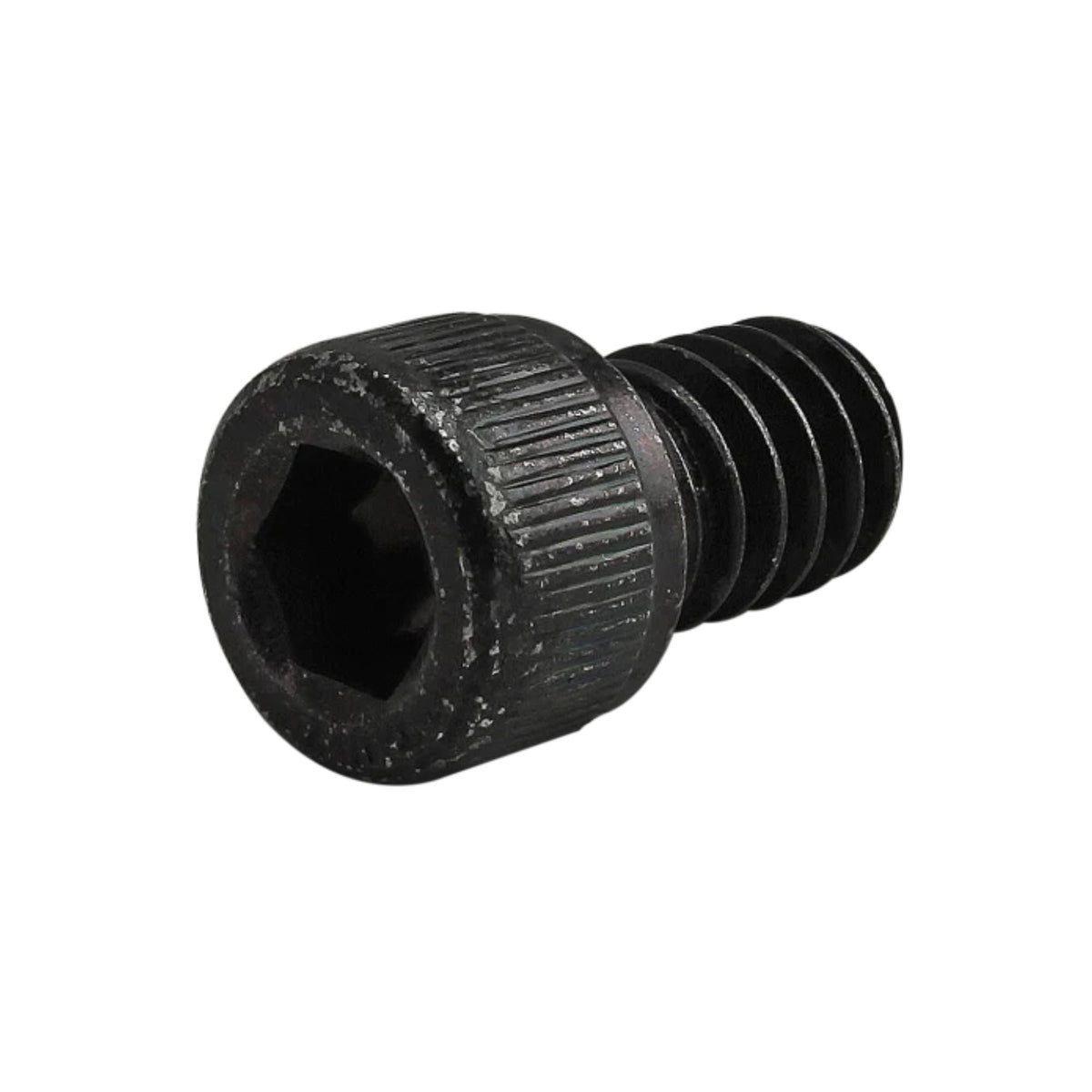 black socket head cap screw with the head on the left and threading on the right