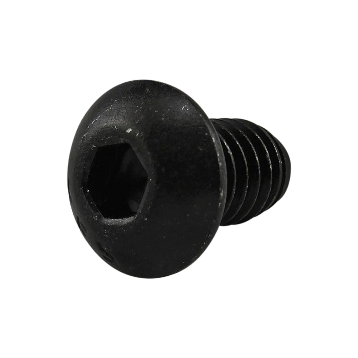 side view of a black screw with a hex head on the left and short threaded stem on the right