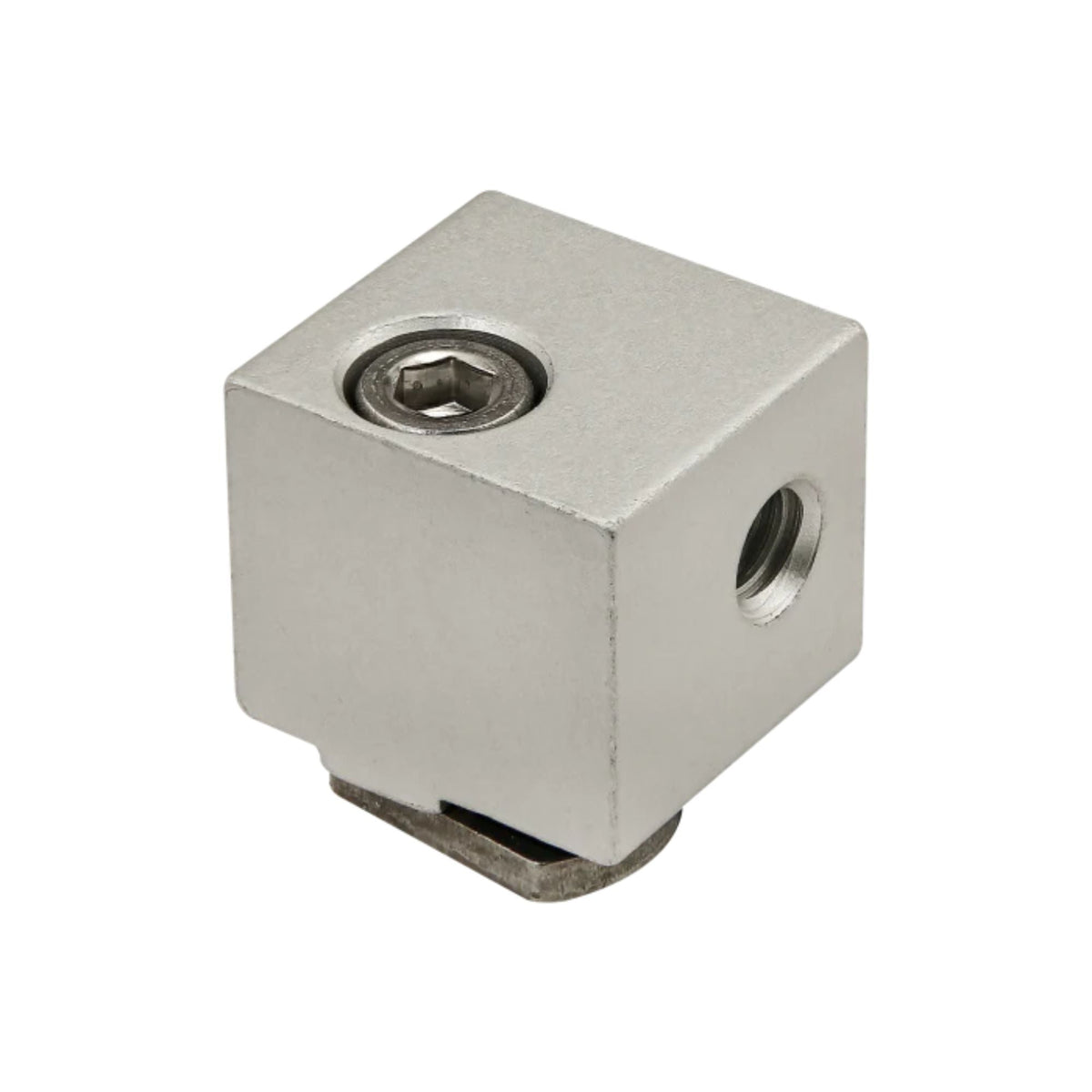 aluminum square block with a hexhead screw on the top left and a port on the right side