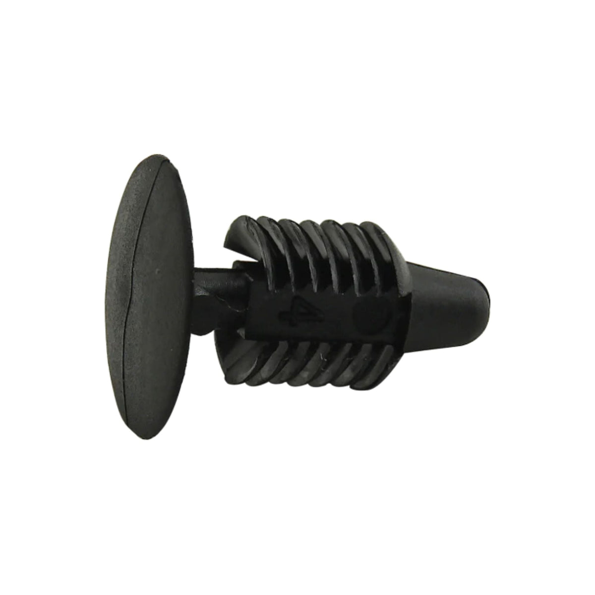side view of a black push-in fastener with a flat round head on the left and a threaded push in stem on the right