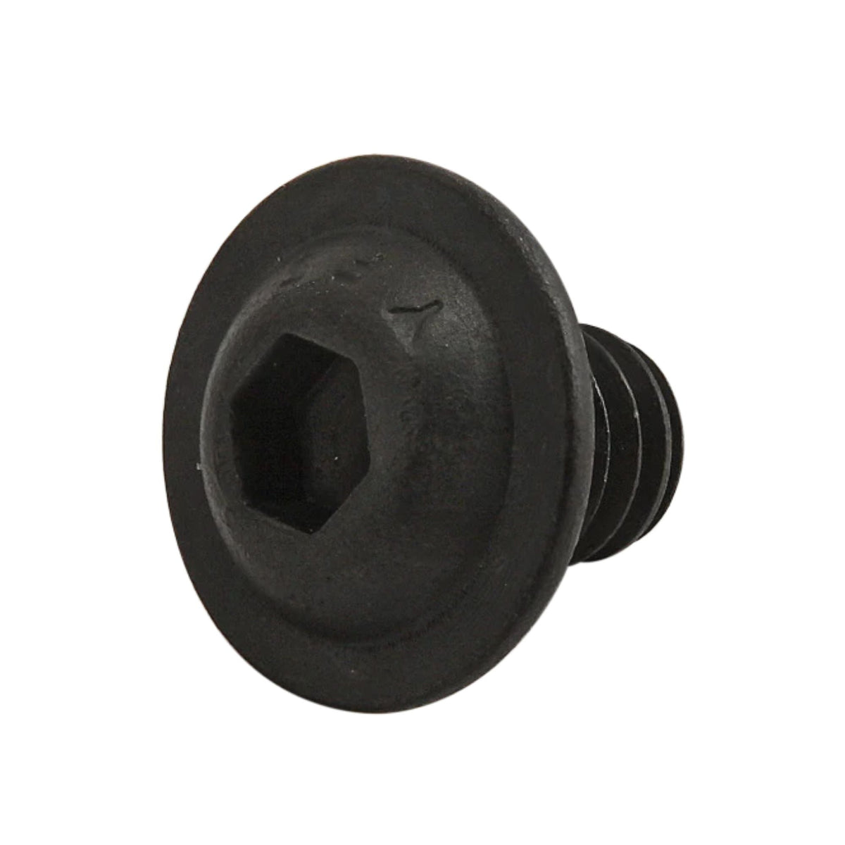 front side view of a black metal screw with a head head on the left and a very short threaded stem on the right