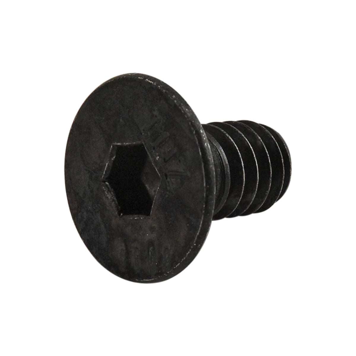 side view of a black metal flat head socket cap screw with the head on the left and the threading on the right
