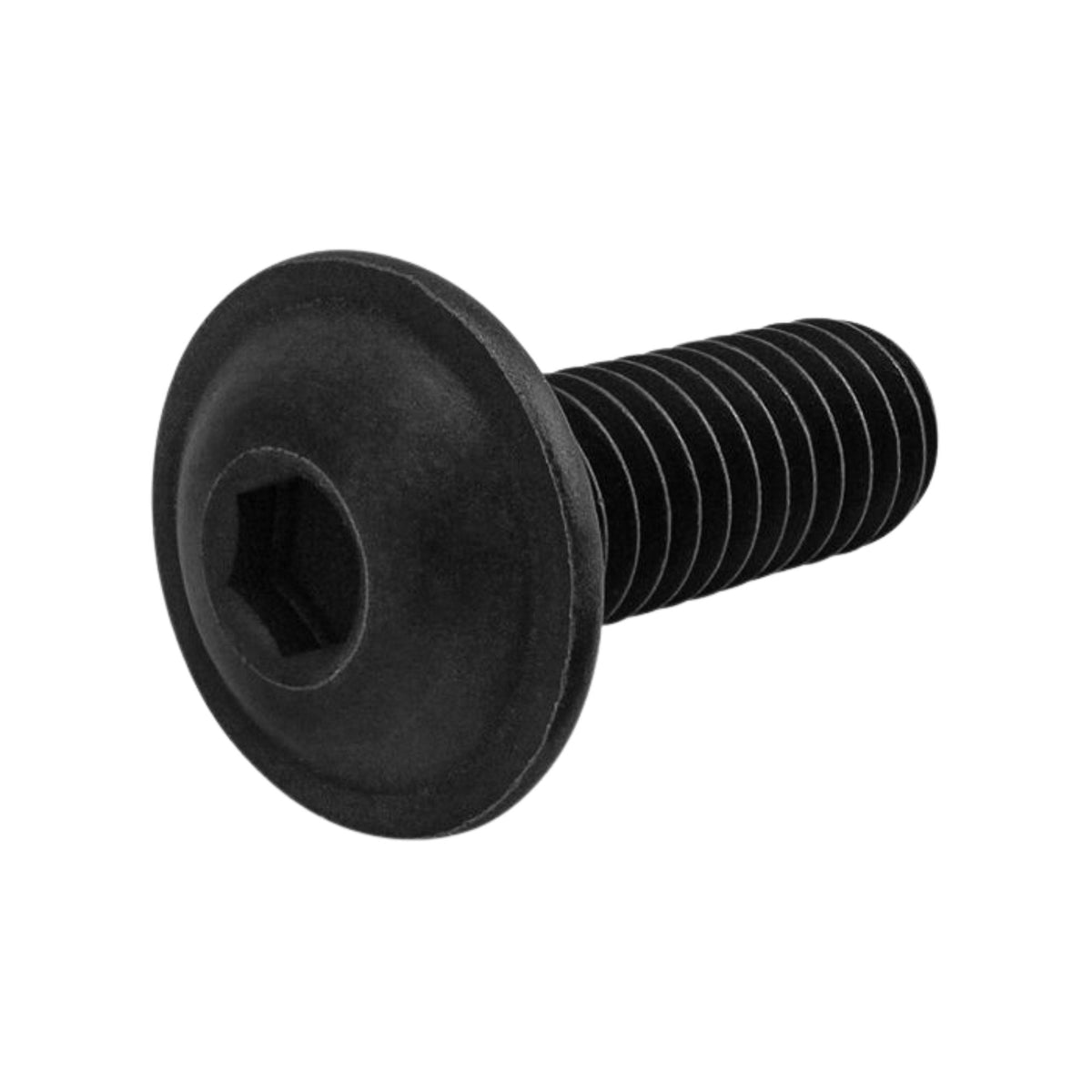 side view of a black button head cap screw with the head on the left and the threading on the right