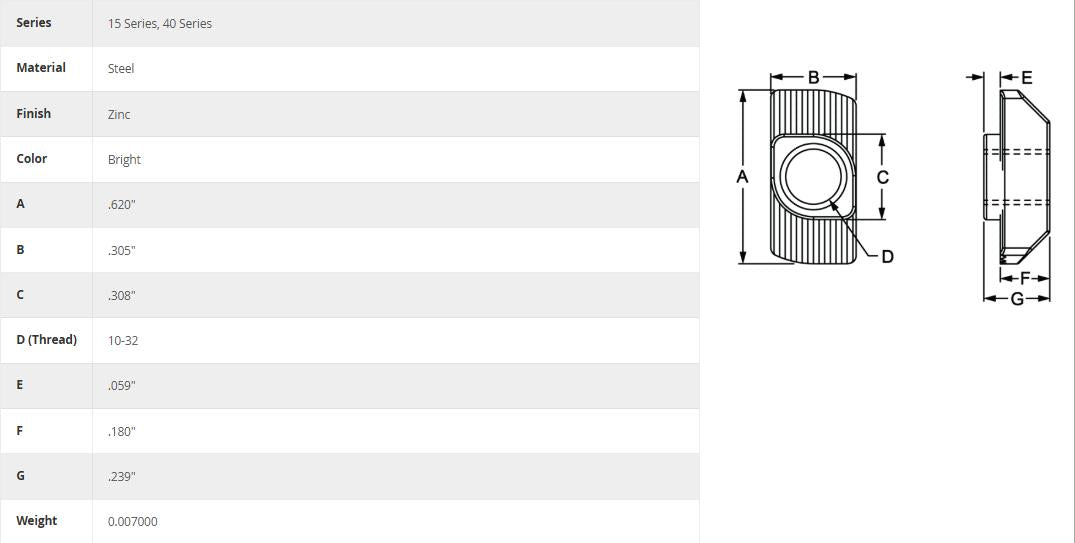 80/20 | 15 & 40 Series 10-32 Standard Drop-in T-Nut | 3932