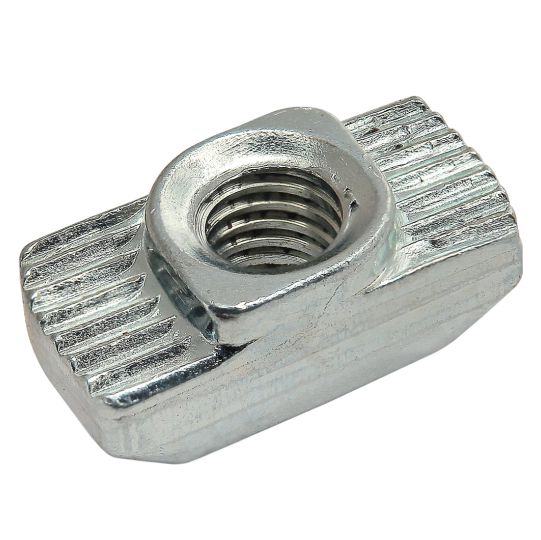 metal rectangular t-nut with a rounded bottom and a threaded hole in the center at the top