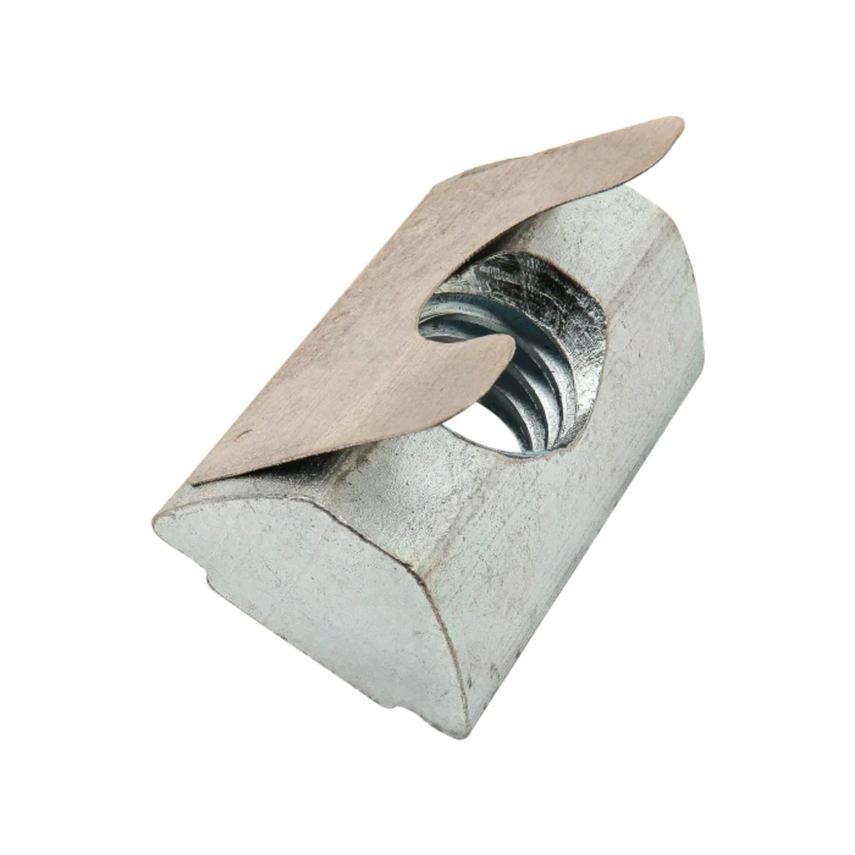metal, rectangular t-nut with a threaded hole in the center and a raised metal cover