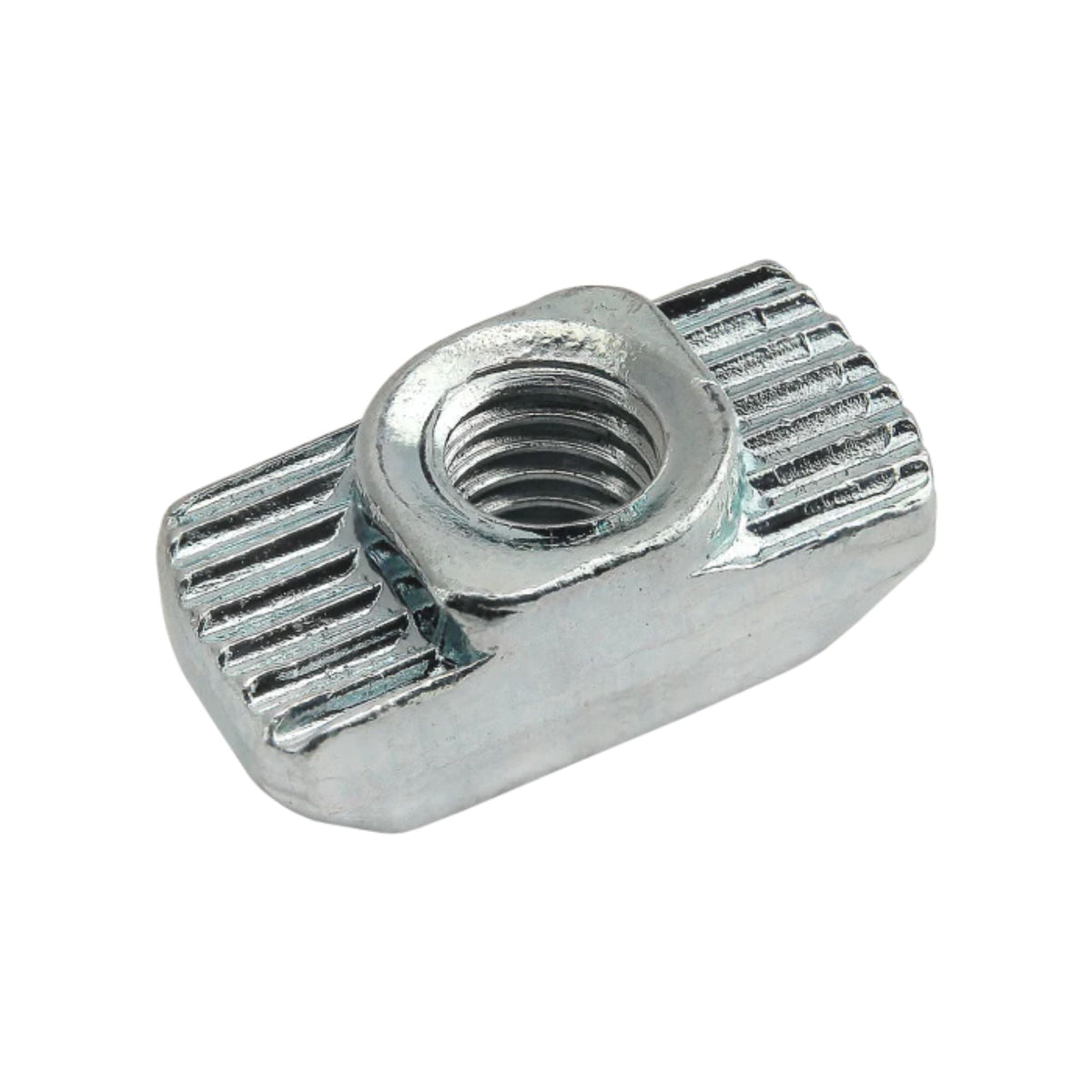 metal, rectangular t-nut with a rounded bottom, a raised center, and a threaded hole in the center