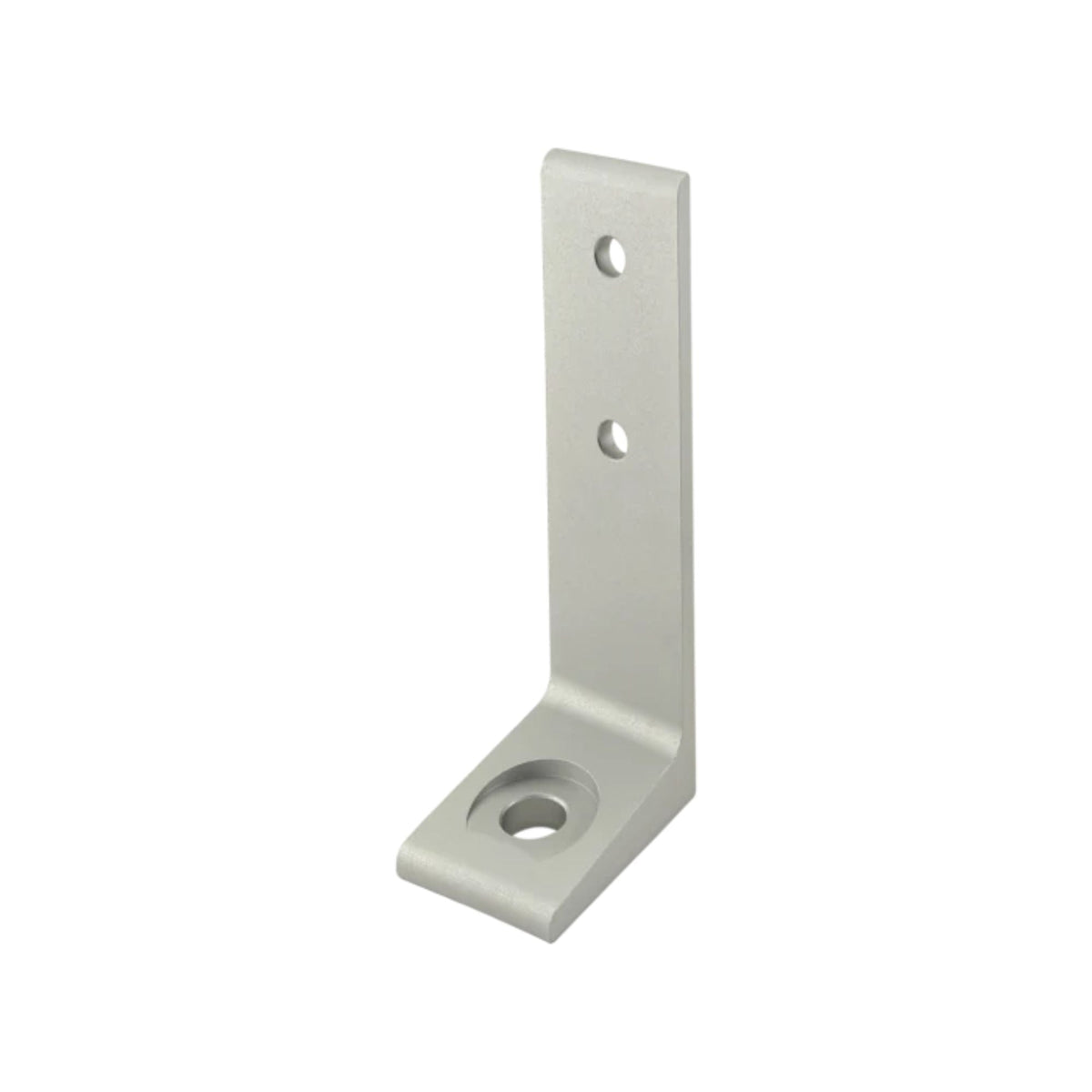 L-shaped corner plate with one short side with a mounting hole and one long side with two mounting holes