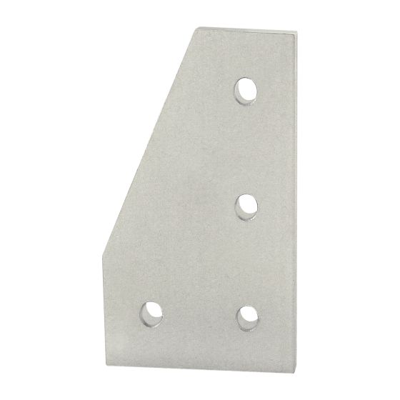 side view of a metal rectangular joining plate with an angeled corner cut off the top left side, two holes along the bottom, and three holes along the right