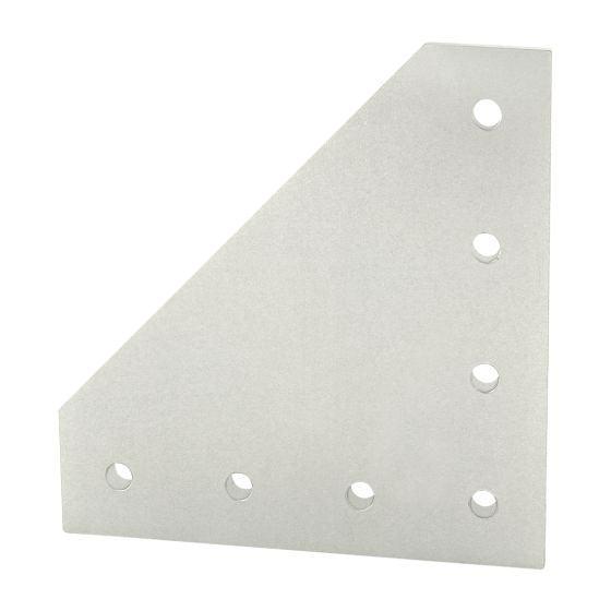 side view of a square metal joining plate with an angled corner cut off the top left, four holes along the bottom and three holes along the right side