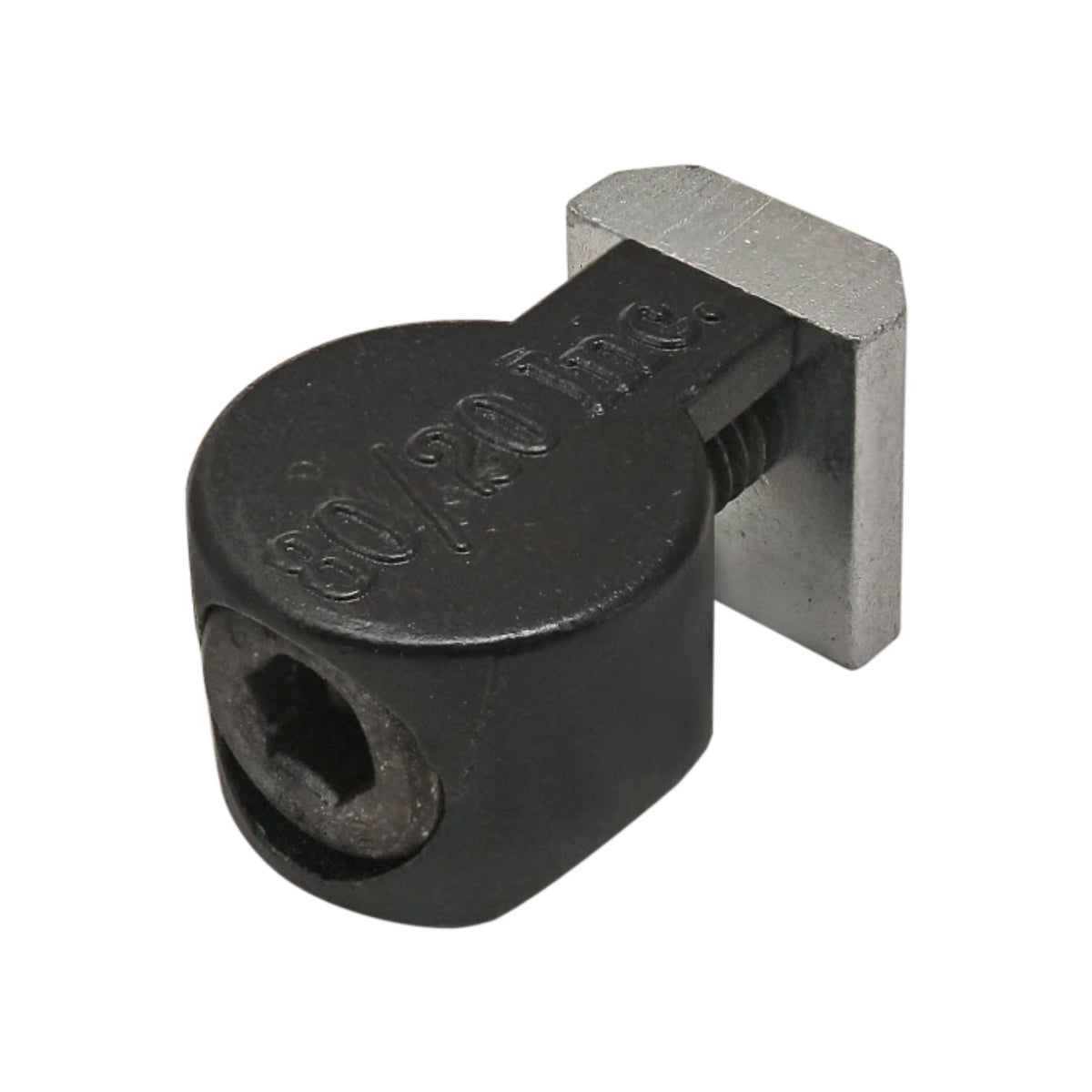 top side view of a black, metal anchor fastener assembly with a round piece on the left that has a screw inserted at the end, and a square piece connected to the other end