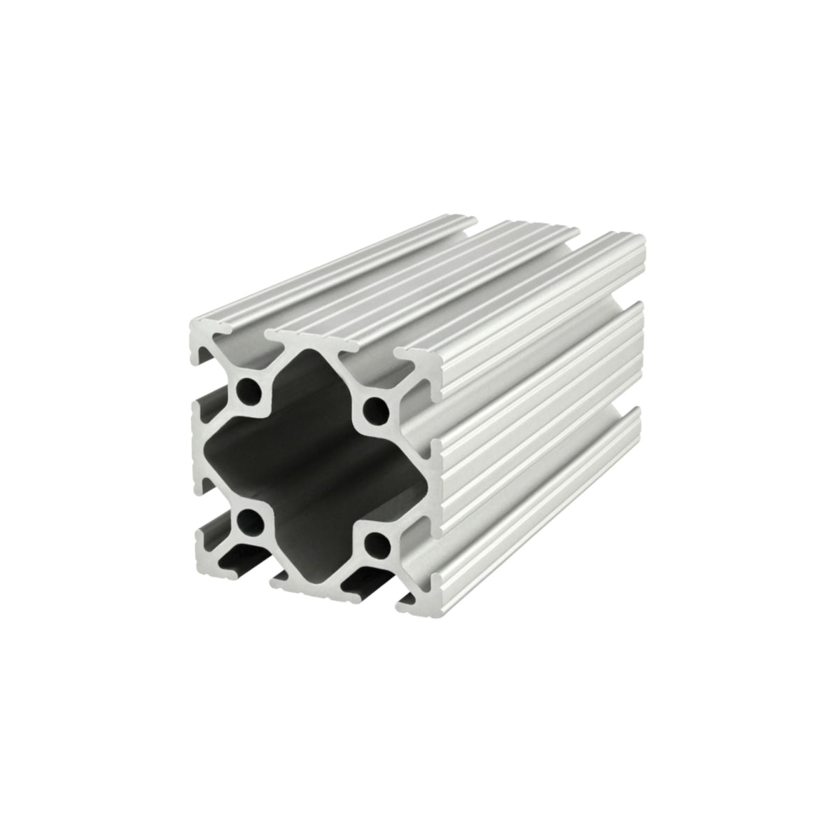 front side view of a metal bar with square edges and two T-slots on each of the four sides
