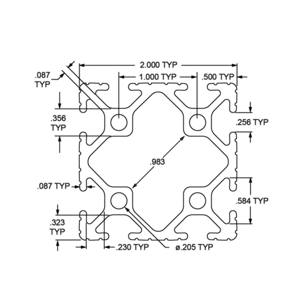 diagram of the end of an eight t-slot 80/20 bar