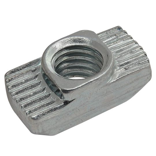 metal, rectangular t-nut with an angled bottom, a raised center with a threaded hole in the center