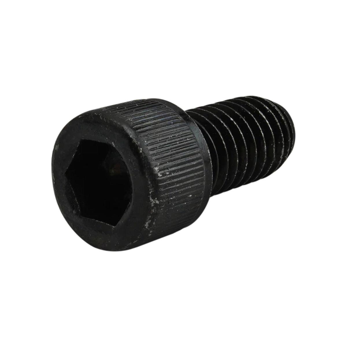 side view of a black metal socket head cap screw with the head on the left and the threading on the right