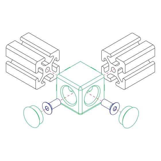 diagram of a square corner connector being connected to two t-slot bars