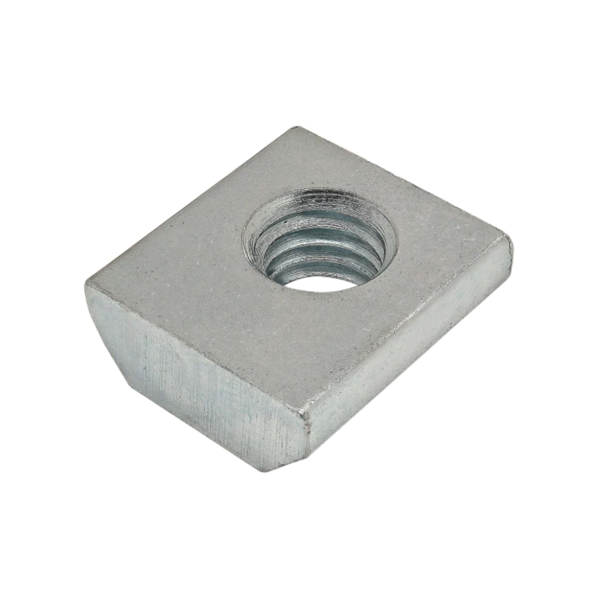 square, metal t-nut with a narrowed bottom, and a threaded hole on the top right