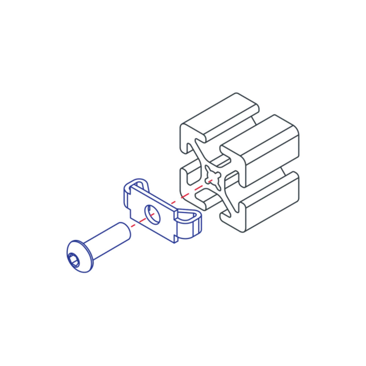 diagram of a screw inserted through a wing clip and into the end of an 80/20 bar