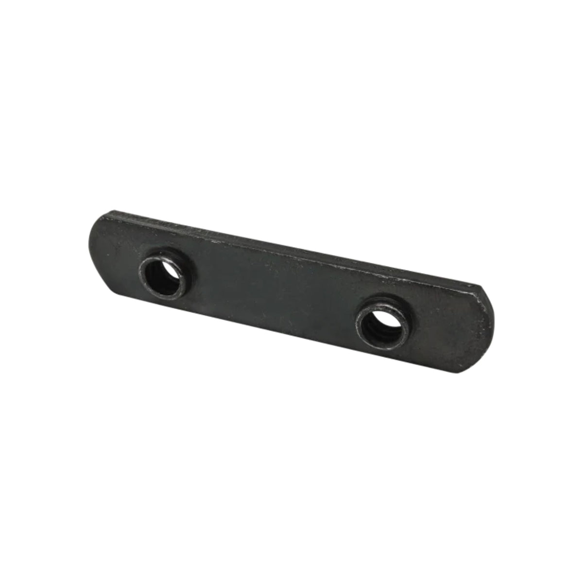 side view of a black rectangular T-nut with rounded ends and two mounting holes