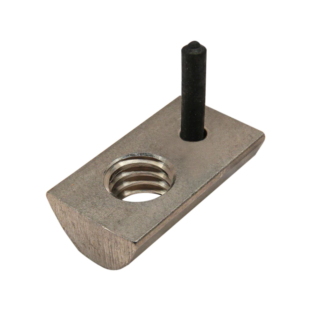 metal rectangular t-nut with a rounded bottom a flat top a threaded hole on one side and a small hole on the other side with a cylindrical peg inserted into it