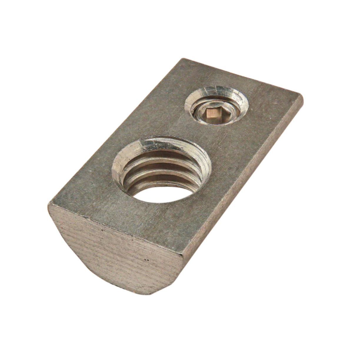 metal, rectangular t-nut with a rounded bottom, a flat top, a threaded hole on one side and a hole with a hex screw on the other side