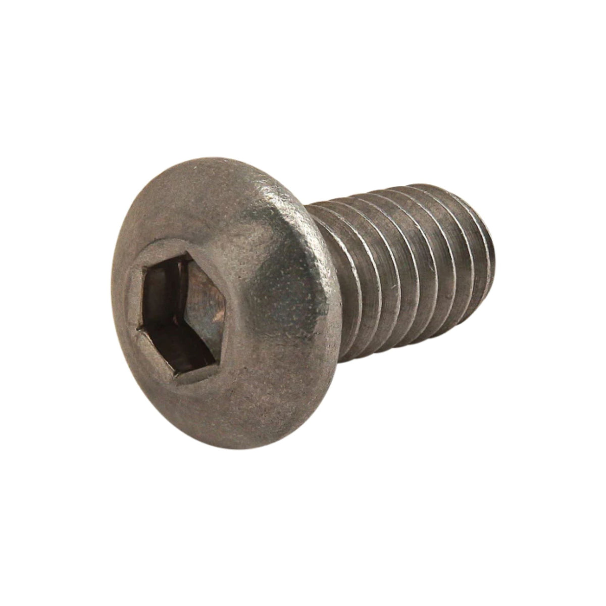 side view of a metal button head screw with the head on the left and the threaded stem pointing toward the right