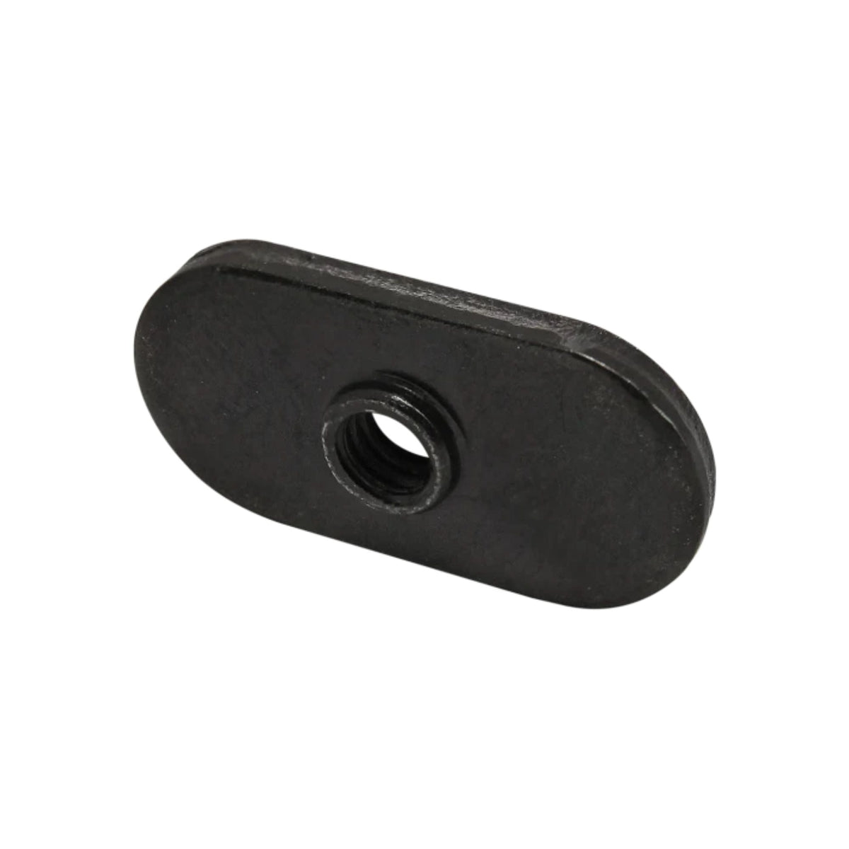 side view of a black, metal, rectangular t-nut with rounded ends and a hole in the center