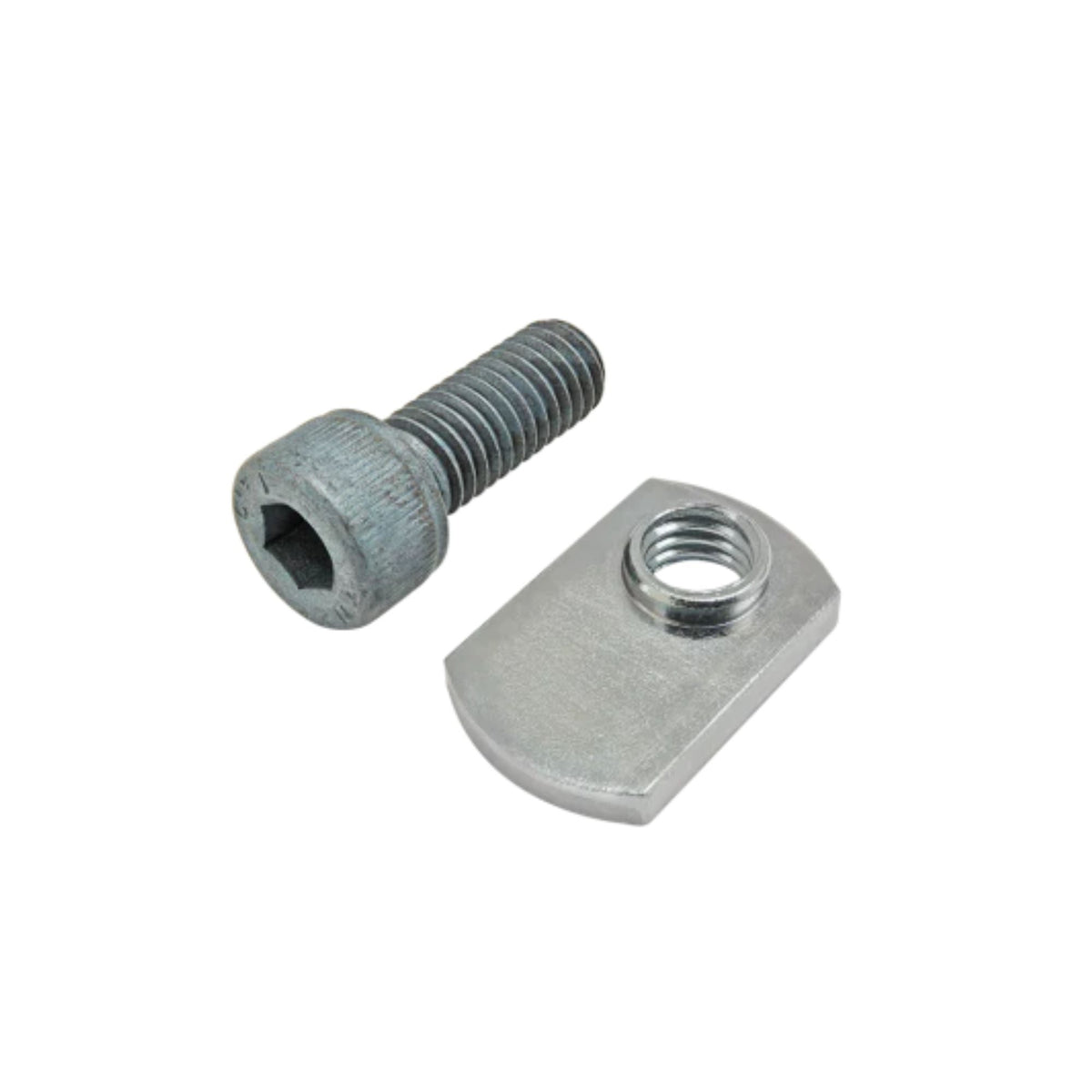 metal screw on the left and a rectangular t-nut on the right with a threaded hole at one end