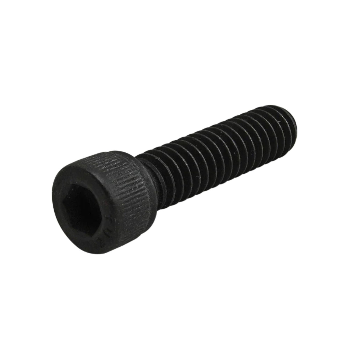 side view of a black metal screw with a hex head on the left and threading on the right