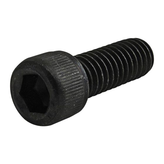 front side view of a black socket head cap screw with the head on the left and the threading on the right