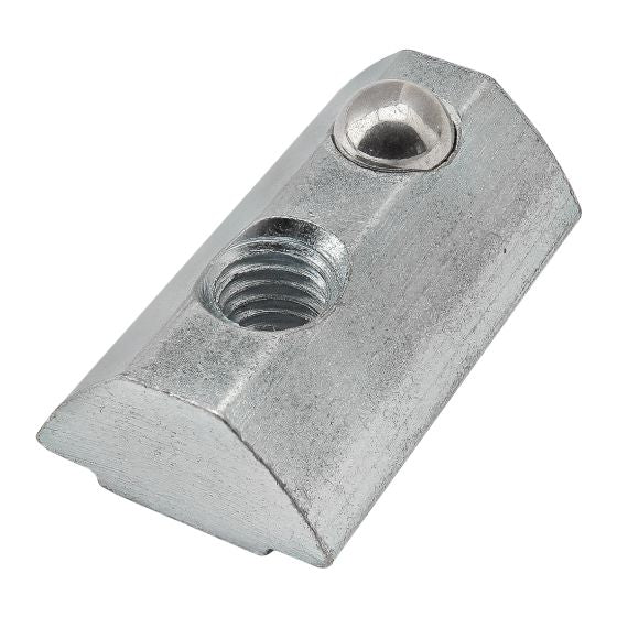 rectangular t-nut with a flat bottom and a rounded top with a threaded hole on one end and a metal ball set into the other end