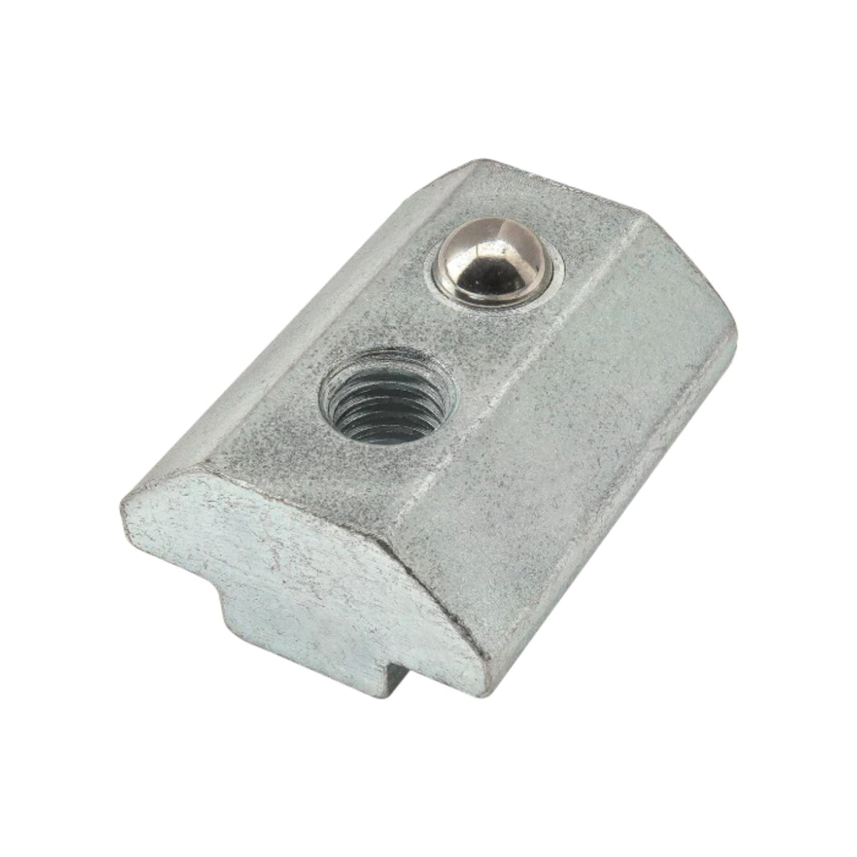 t-nut with angled sides and raised top, a threaded hole on one side on the top and a ball spring on the other side