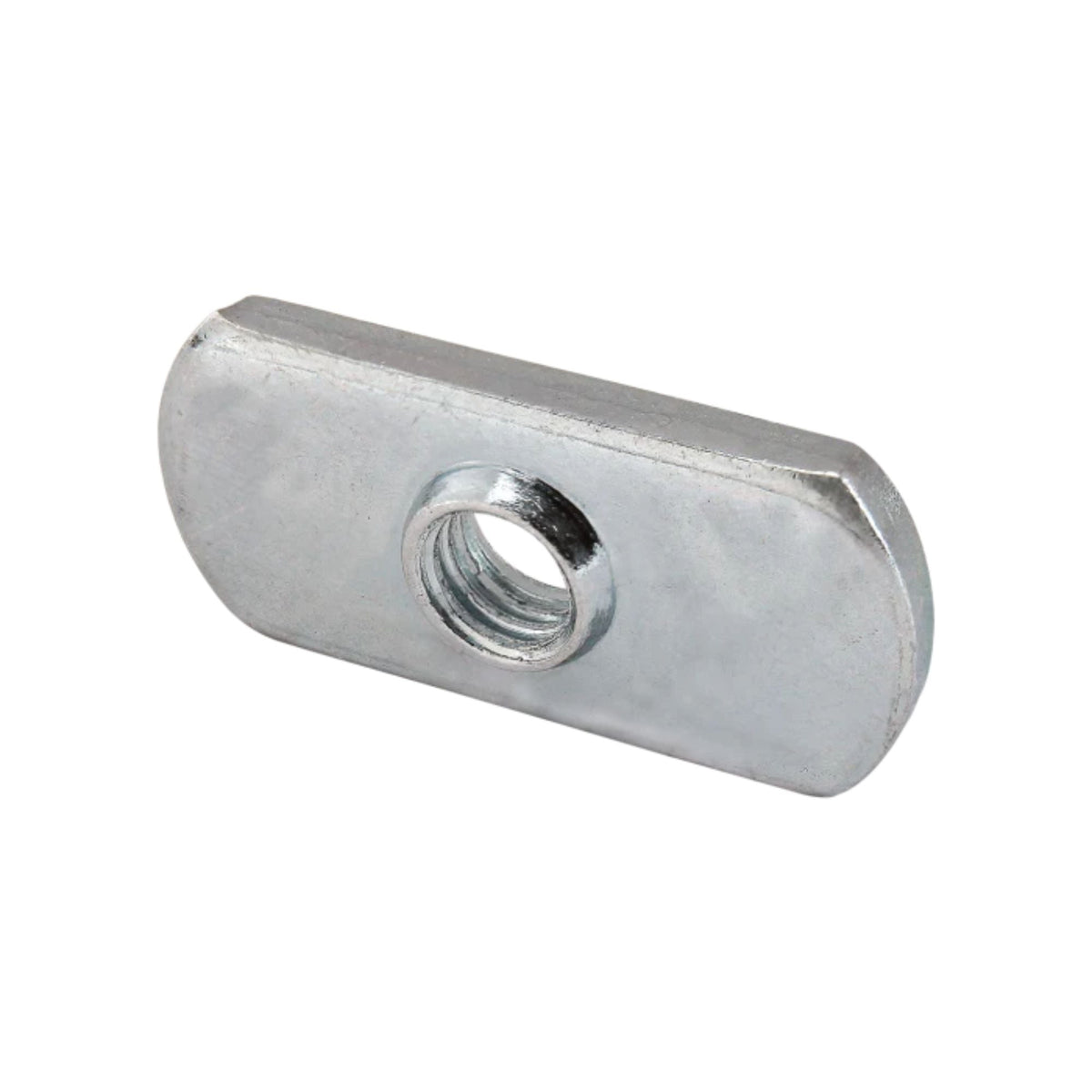 side view of a metal, rectangular t-nut with rounded ends and a threaded hole in the center