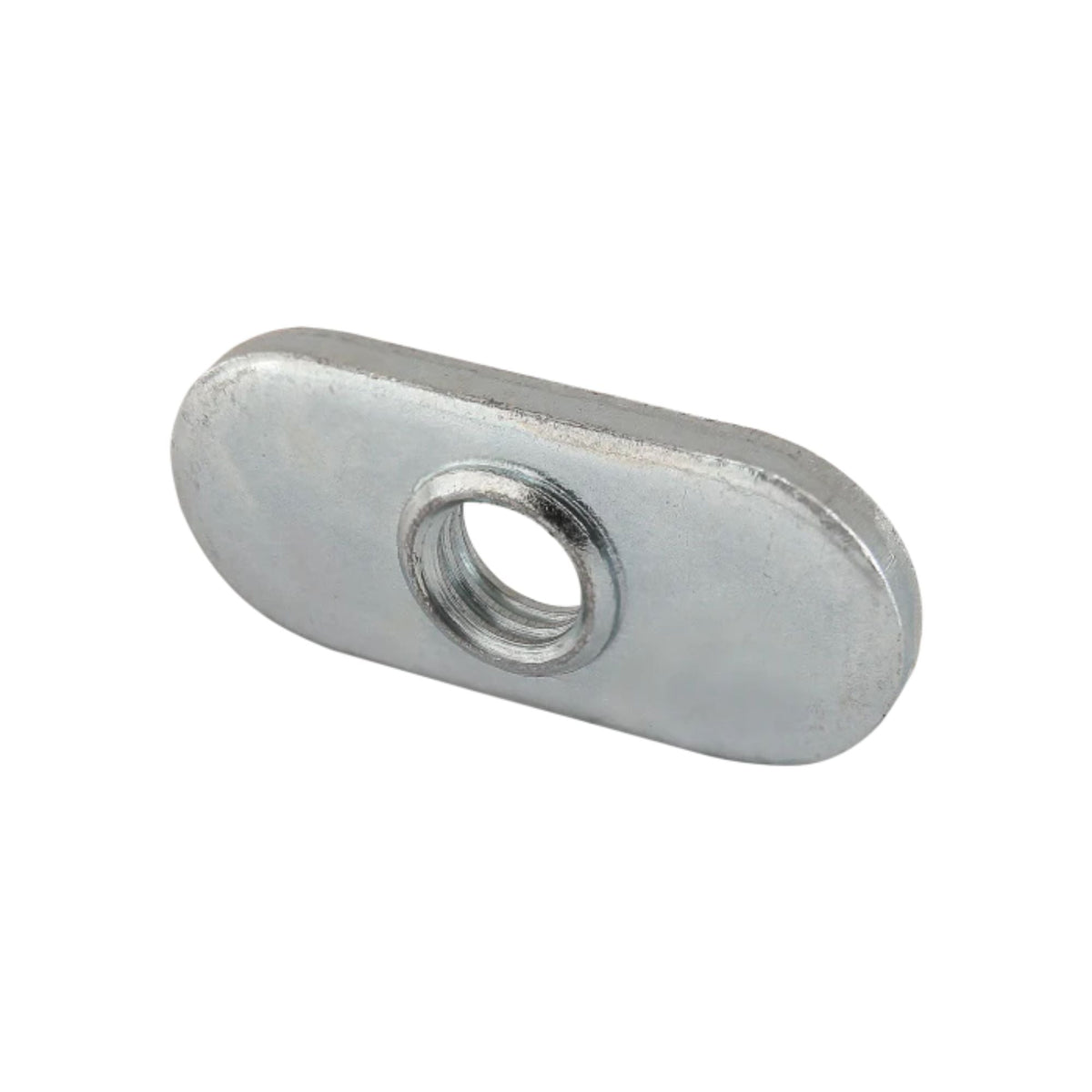 side view of a metal, rectangular t-nut with rounded ends and a hole in the center