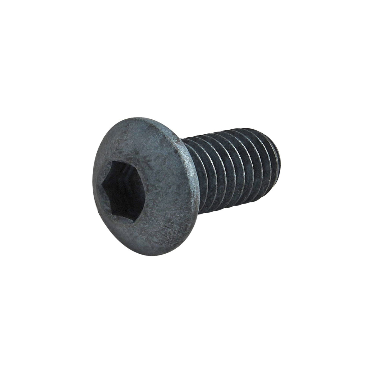 side view of a black screw with a hex head on the left and threading on the right