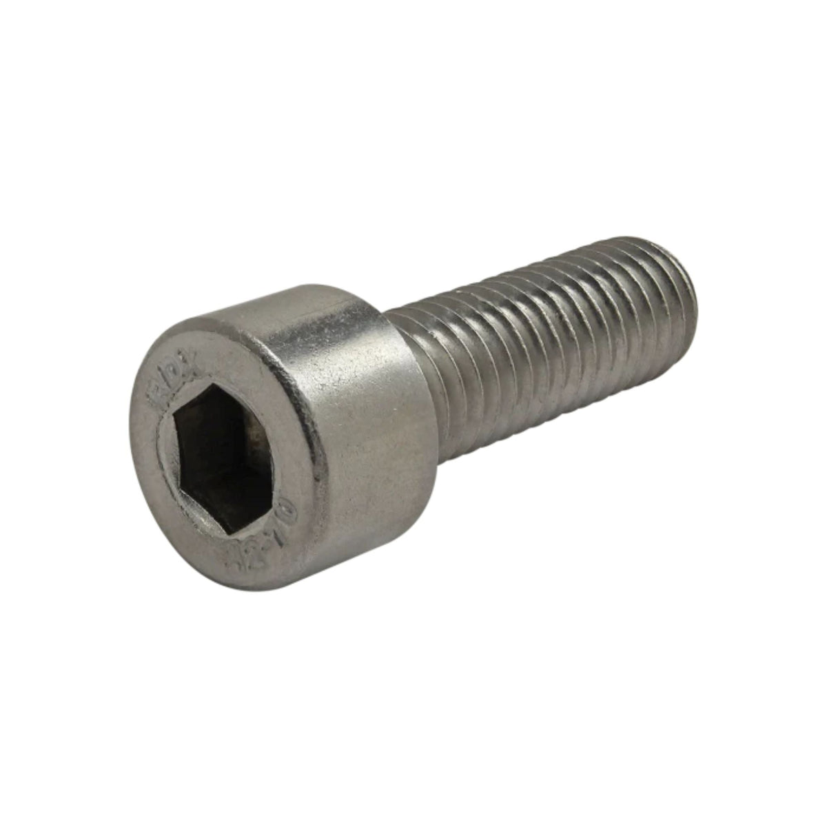 side view of a socket head cap screw with a hex head on the left side and threading on the right