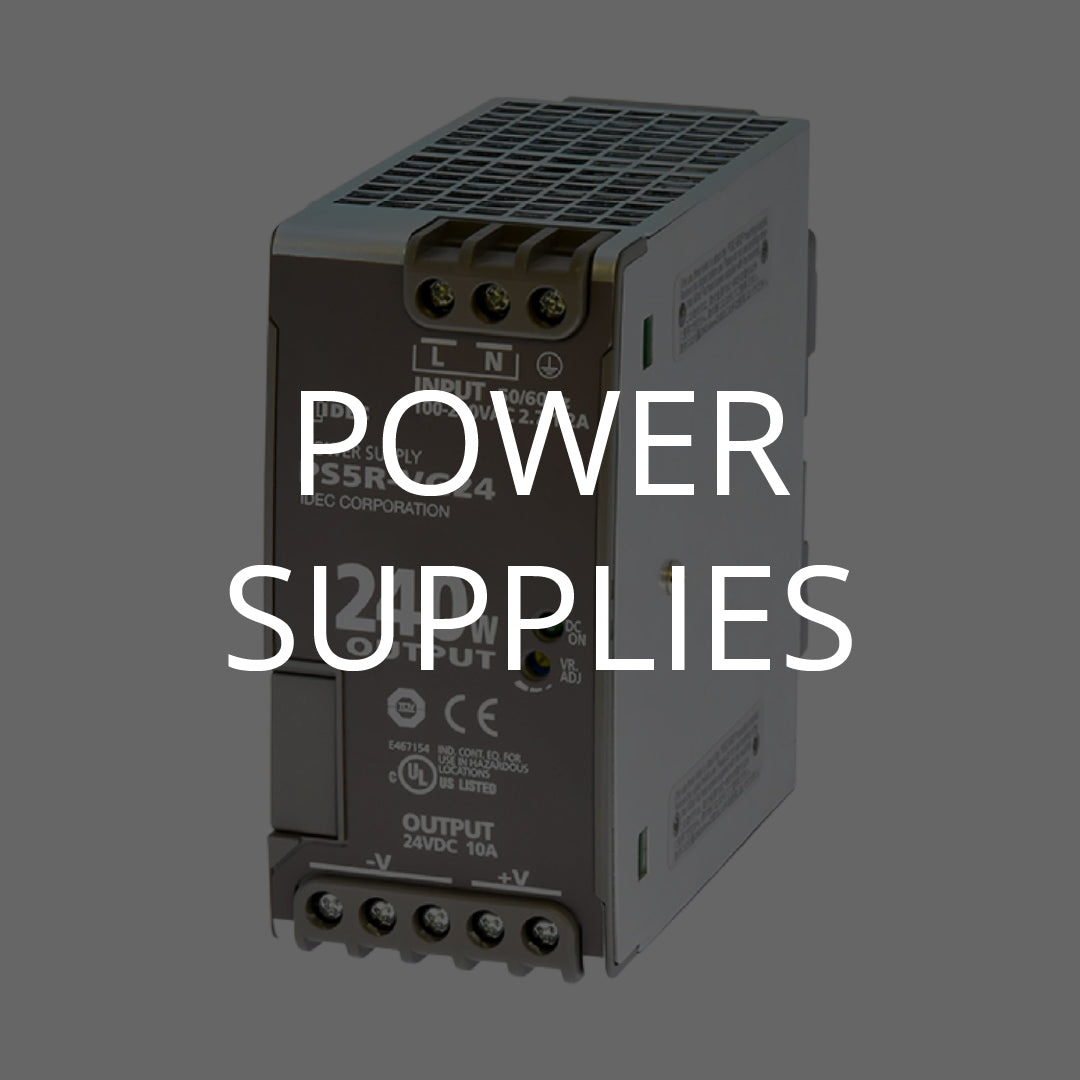 electrical power supply with gray overlay and text "power supplies" leading to product collection