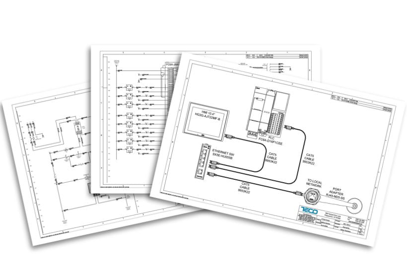 Technical drawings on paper with TECO logo