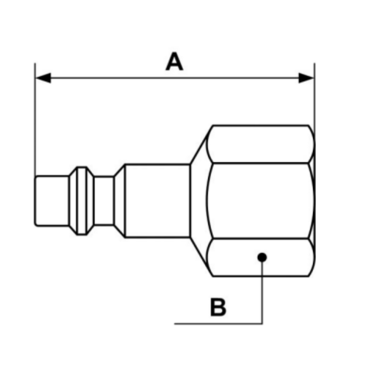 chart showing (A+B Dimensions) of Female plug 3/8&quot; FNPT used on PrevoS1 product line