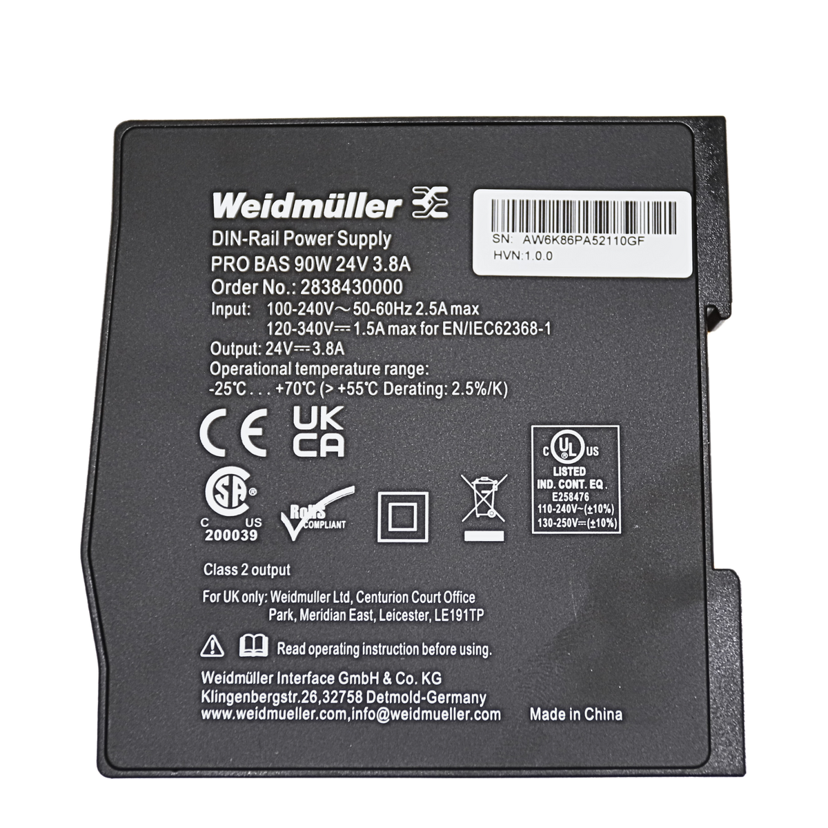 Weidmuller | PRO BAS 90W 24V 3.8A Power Supply | 2838430000