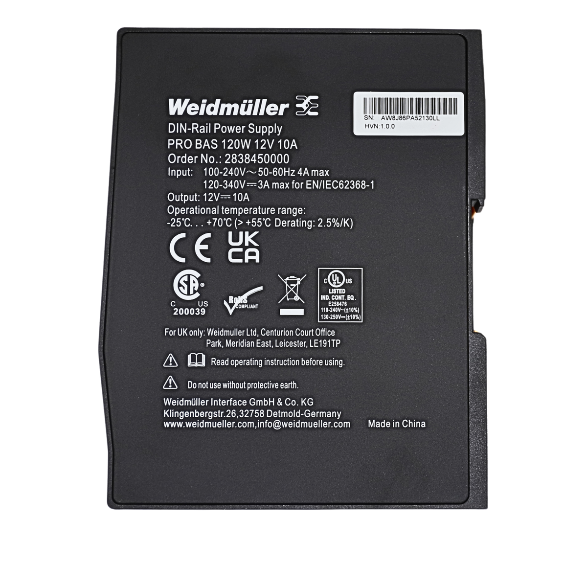 Weidmuller | PRO BAS 120W 12V 10A Power Supply | 2838450000