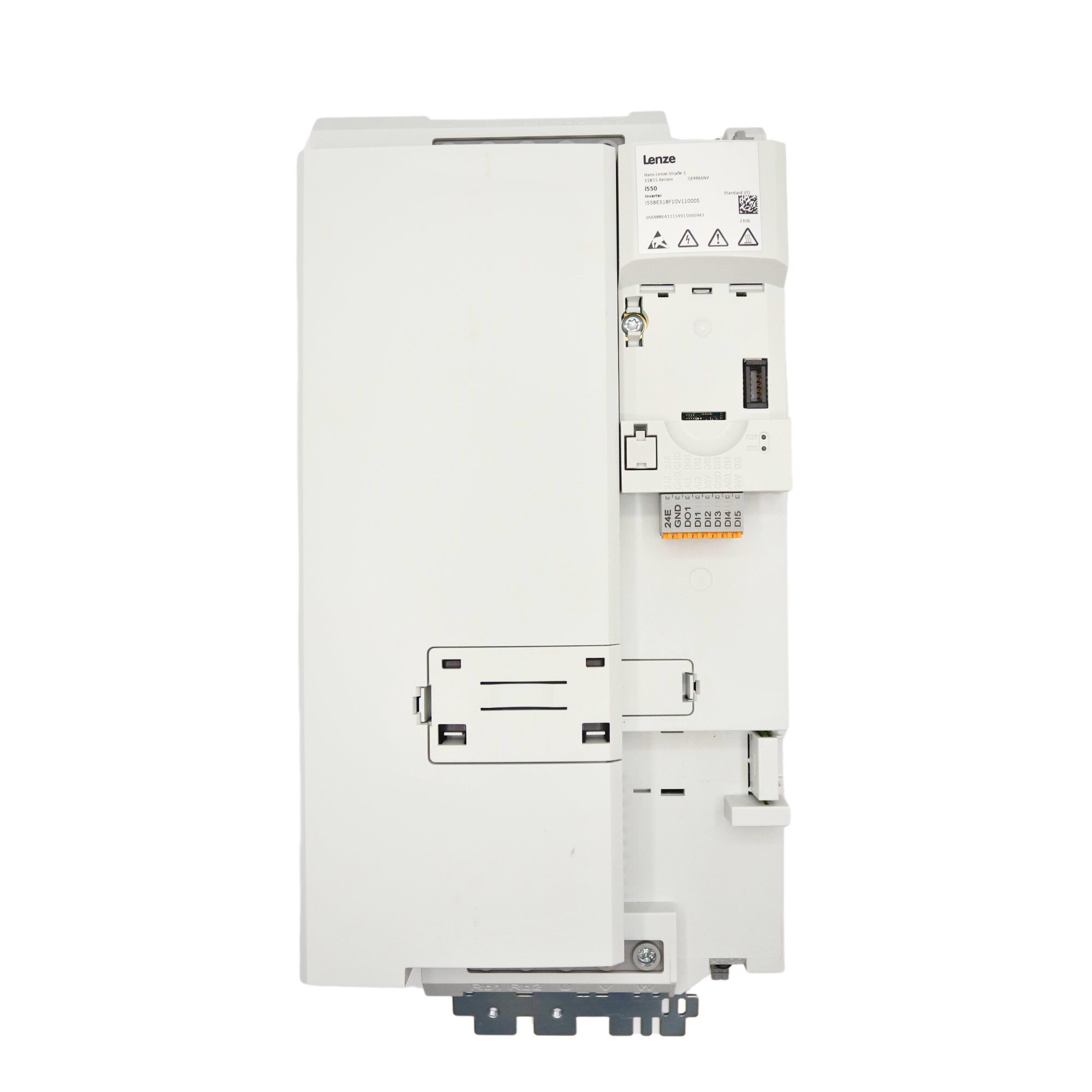 Lenze | i550 25hp Cabinet mount, fieldbus and STO capable, 480volt 5digital inputs, 2 analog inputs, 1 digital output 1 analog Output, 1 relay | I55BE318F10V11000S - front view