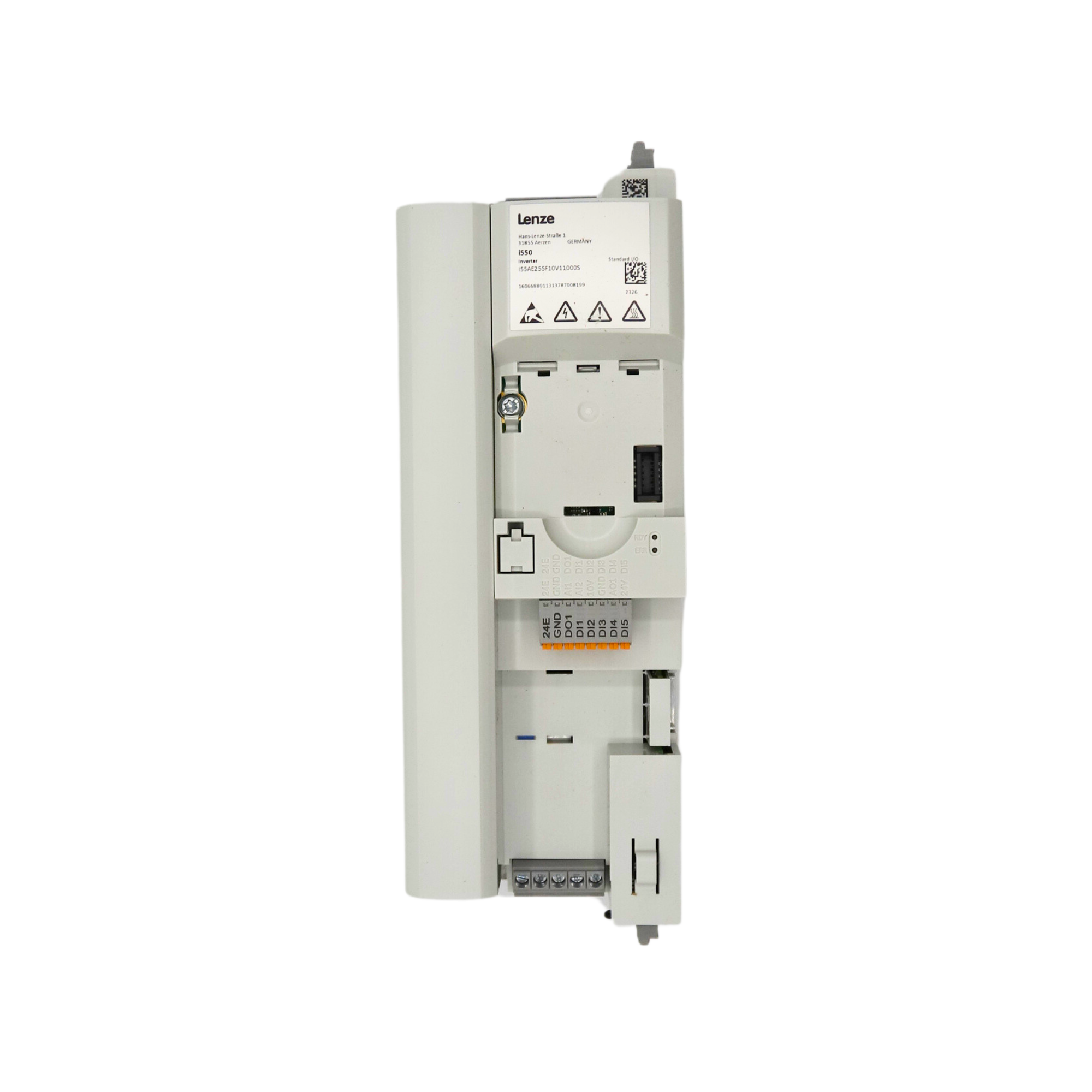 Lenze | i550 7.5hp Cabinet mount, fieldbus and STO capable, 480volt 5digital inputs, 2 analog inputs, 1 digital output 1 analog Output, 1 relay | I55AE255F10V11000S - front view
