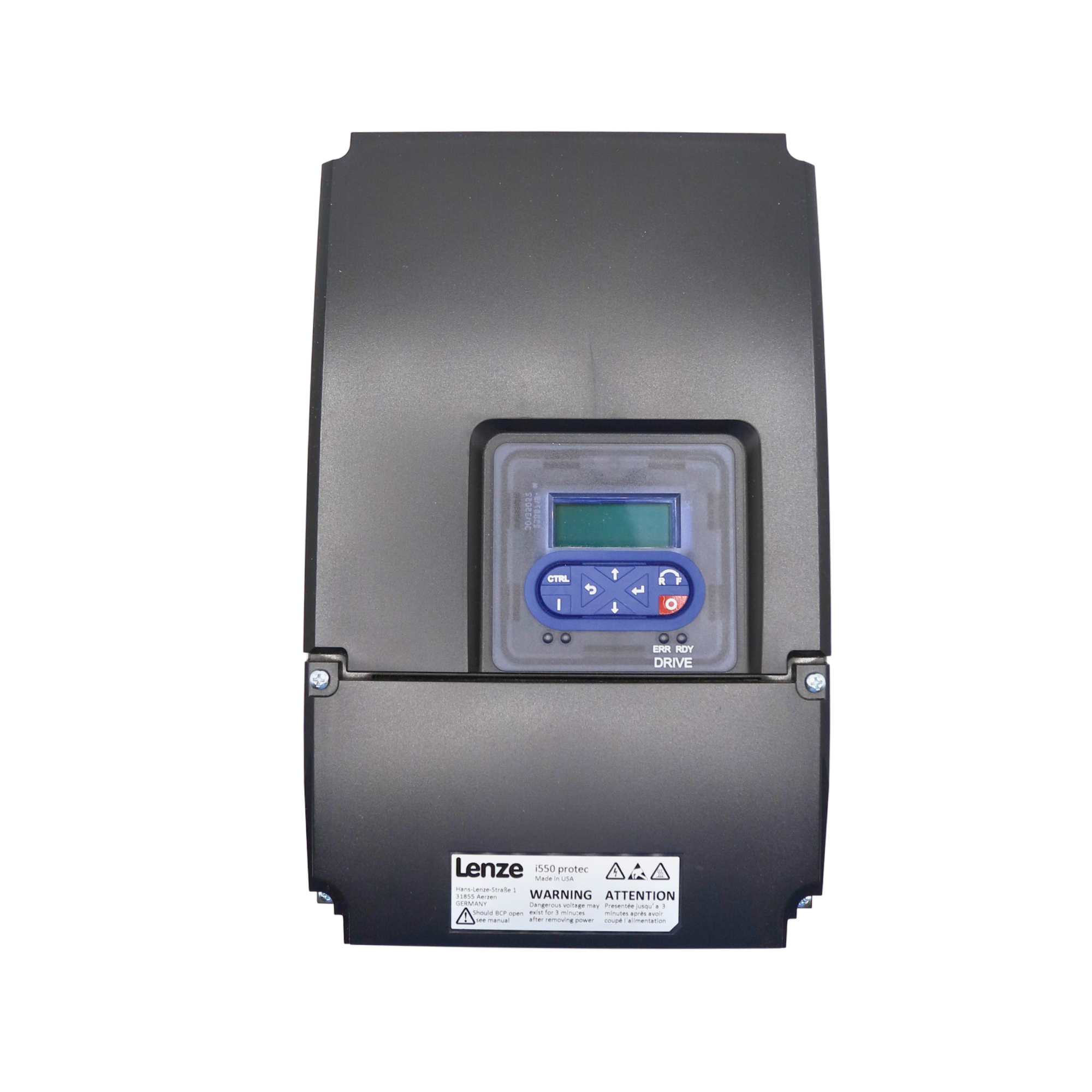 Lenze | I550 Protec 10hp Wall Mount, Nema 4x rated, Keypad, Incremental encoder (HTL) via two digital inputs, 5digital inputs, 2 analog inputs, 1 digital output 1 analog Output, 1 relay | I55AP275F00711K00S - front view