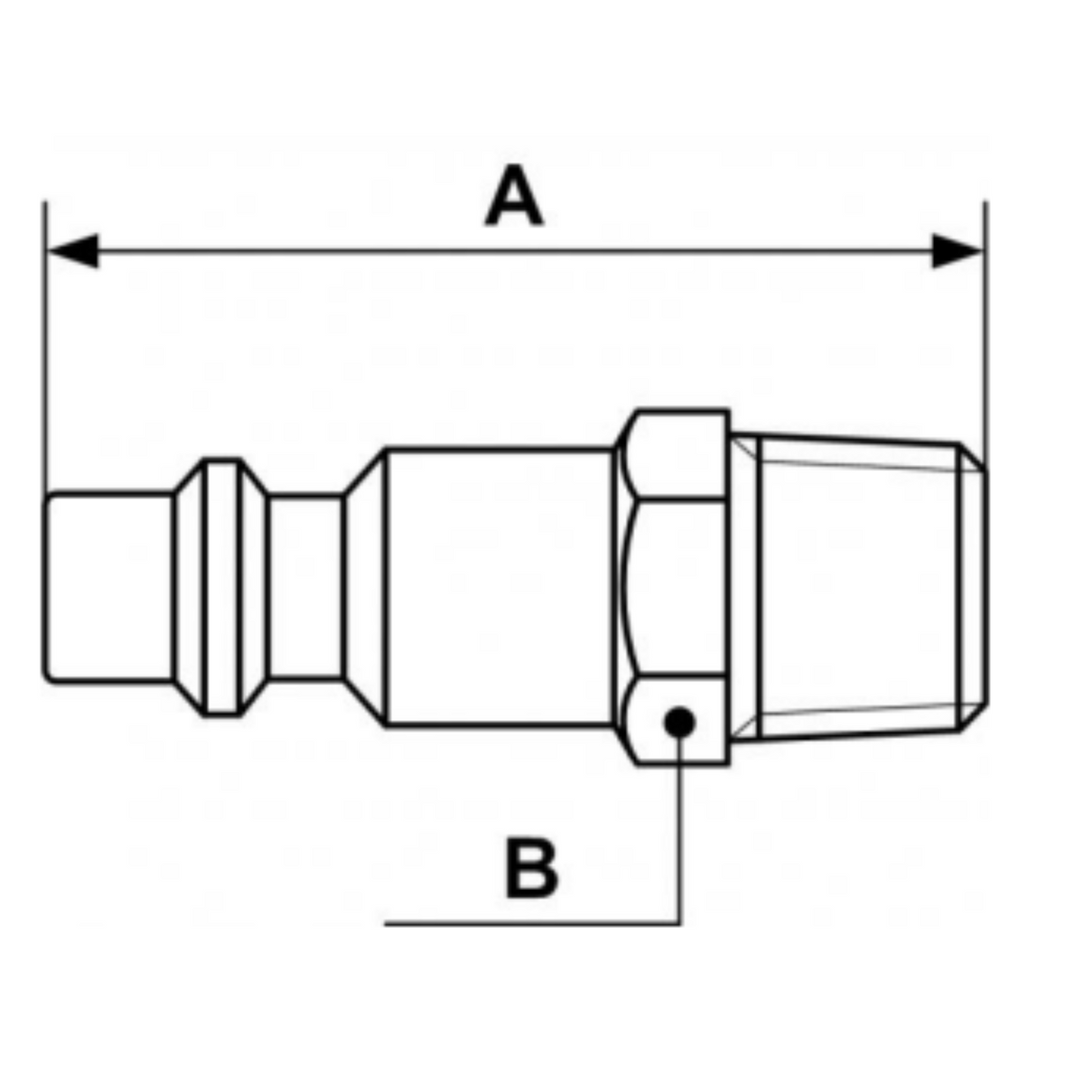 chart showing (A+B Dimensions) of Male plug 1/4&quot; MNPT used on PrevoS1 product line